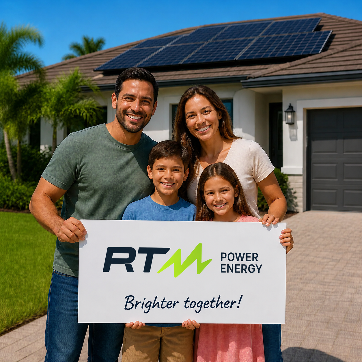 Happy Florida family holding RTM Power Energy sign in front of their solar-powered home
